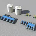 Industrial Equipment Setup Featuring White Storage Tanks Blue Piping Systems And Small Mechanical Units