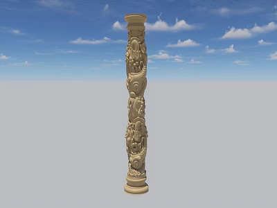 Intricate Stone Carved Column Sculpture With Classical Patterns And Cloudy Sky 3d model