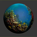 Underwater Landscape Inside Blue Sphere With Colorful Corals Fish And Marine Life