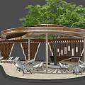 Modern Wooden Pergola With Curved Roof Structure Outdoor Seating And Hanging Lights