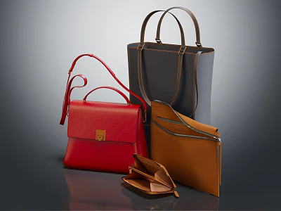 Modern Stylish Leather Bags Collection Featuring Red Brown Black Tote And Wallet Designs 3d model