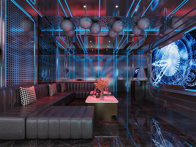 Modern KTV Private Room with Neon Lights Cozy Sofas and Large Screen 3d model
