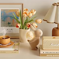 Decorative Ornament Set With Tulip Vase Rabbit Figurine Table Lamp And Framed Art