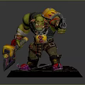 Fierce Green Orc Warrior with Colorful Armor Holding Mechanical Gun and Spiked Axe