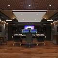 School Modern Multimedia Lab With Control Console Monitor Screens Speakers And Wooden Flooring