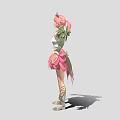 Fantasy Character With Pink Hair Green Sleeves And Pink Petal Skirt Alongside Magical Creature