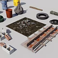Assorted Construction Materials And Miscellaneous Items With Cardboard Boxes Buckets Pipes Fabric Planks And Bricks 3d model