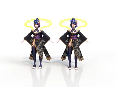 Two Anime Style Characters With Blue Hair Yellow Halos Black Purple Outfits And Golden Trim 3d model