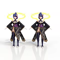 Two Anime Style Characters With Blue Hair Yellow Halos Black Purple Outfits And Golden Trim