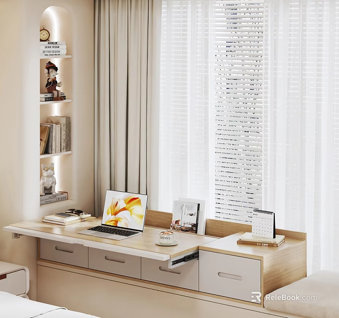 Cozy Bay Window Nook With Desk Laptop Shelves Blinds Curtains And Drawers 3d model 