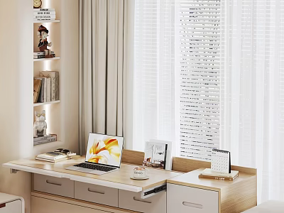 Cozy Bay Window Nook With Desk Laptop Shelves Blinds Curtains And Drawers 3d model