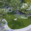 Modern Garden Landscape Design With Lush Trees Circular Green Roof And Stone Pathway