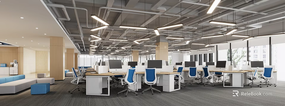 Modern Public Office Space With Open Layout Multiple Workstations Blue Chairs And Computer Monitors 3d model