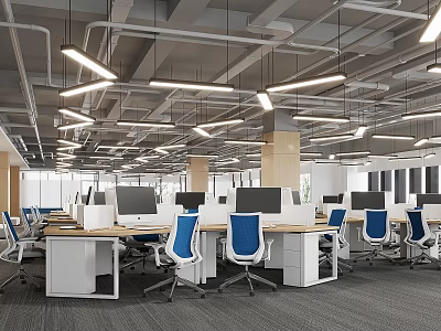 Modern Public Office Space With Open Layout Multiple Workstations Blue Chairs And Computer Monitors 3d model