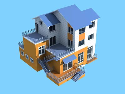 Modern Detached House With Blue Roof White And Orange Walls Balconies Staircases And Windows 3d model