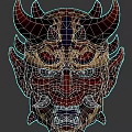 Horned Mythical Demon Mask Featuring Intricate Gold Red Patterns And Fierce Tusked Expression
