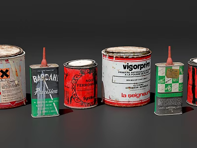 Industrial Paint Cans With Various Brand Labels And Red Nozzles For Industrial Use 3d model