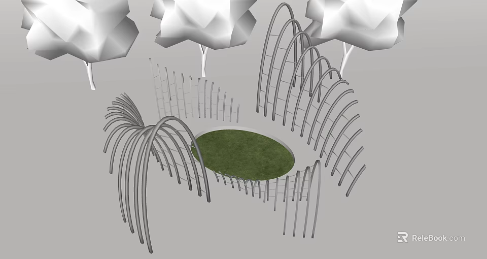 Metal Curved Pergola Structure With Circular Grass Lawn And Surrounding Trees 3d model 