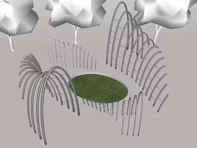 Metal Curved Pergola Structure With Circular Grass Lawn And Surrounding Trees 3d model