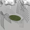 Metal Curved Pergola Structure With Circular Grass Lawn And Surrounding Trees