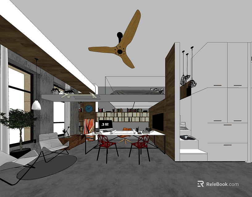 Modern Office Interior With Open Layout Ceiling Fan Pendant Lights Work Desk And Bookshelves 3d model 