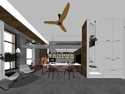 Modern Office Interior With Open Layout Ceiling Fan Pendant Lights Work Desk And Bookshelves 3d model