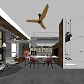 Modern Office Interior With Open Layout Ceiling Fan Pendant Lights Work Desk And Bookshelves