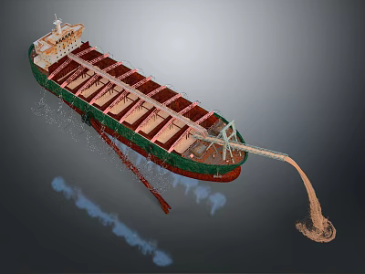 Wooden Ship With Green Red Hull Conveyor Pipe And Deck Compartments Transporting Material 3d model