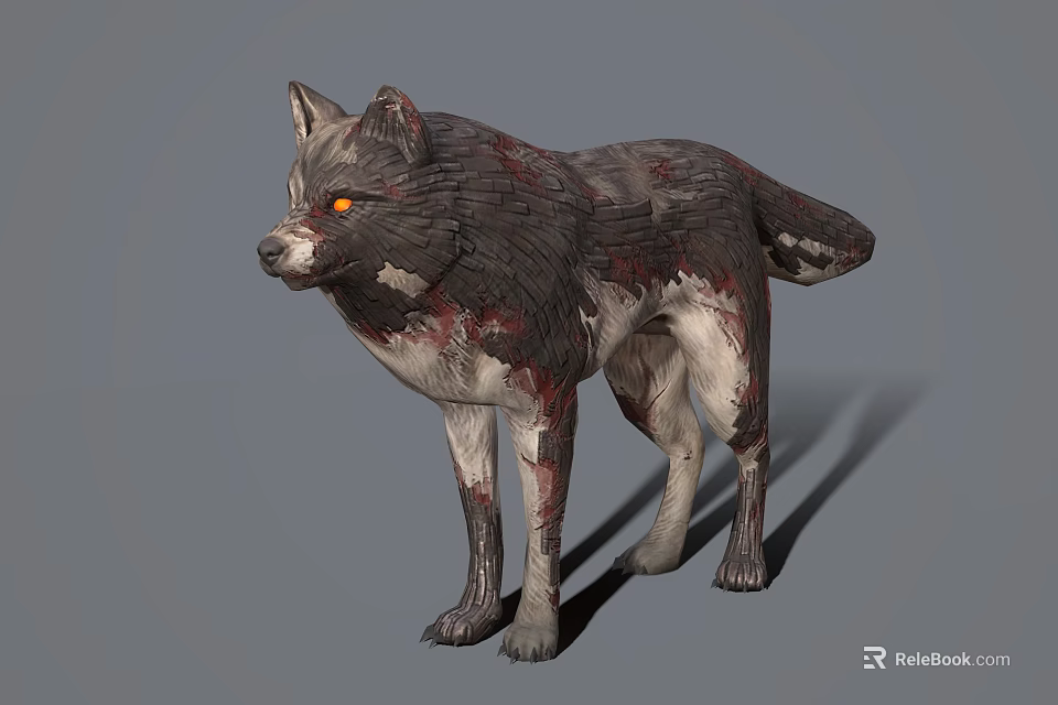 3D Rendered Bloodstained Wolf with Yellow Eyes and Gray White Fur on Gray Background 3d model 