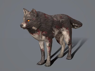 3D Rendered Bloodstained Wolf with Yellow Eyes and Gray White Fur on Gray Background 3d model