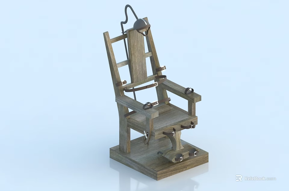 Wooden Electric Chair With Restraints And Overhead Lamp On Base 3d model 
