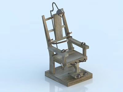 Wooden Electric Chair With Restraints And Overhead Lamp On Base 3d model