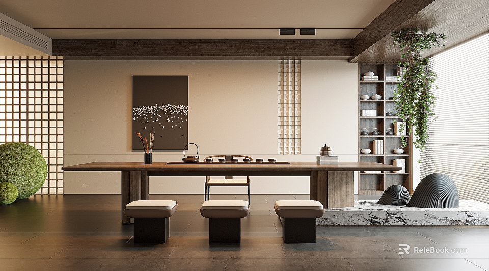 Serene Traditional Tea Room Interior With Long Wooden Table Stools And Decorative Painting 3d model 
