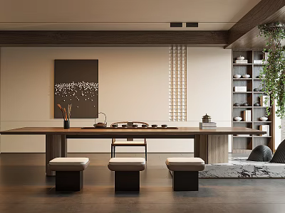Serene Traditional Tea Room Interior With Long Wooden Table Stools And Decorative Painting 3d model