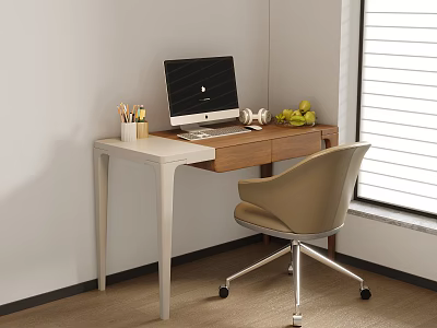 Modern Wooden Desk with Laptop Pencil Holder Headphones Fruits and Beige Office Chair by Window 3d model