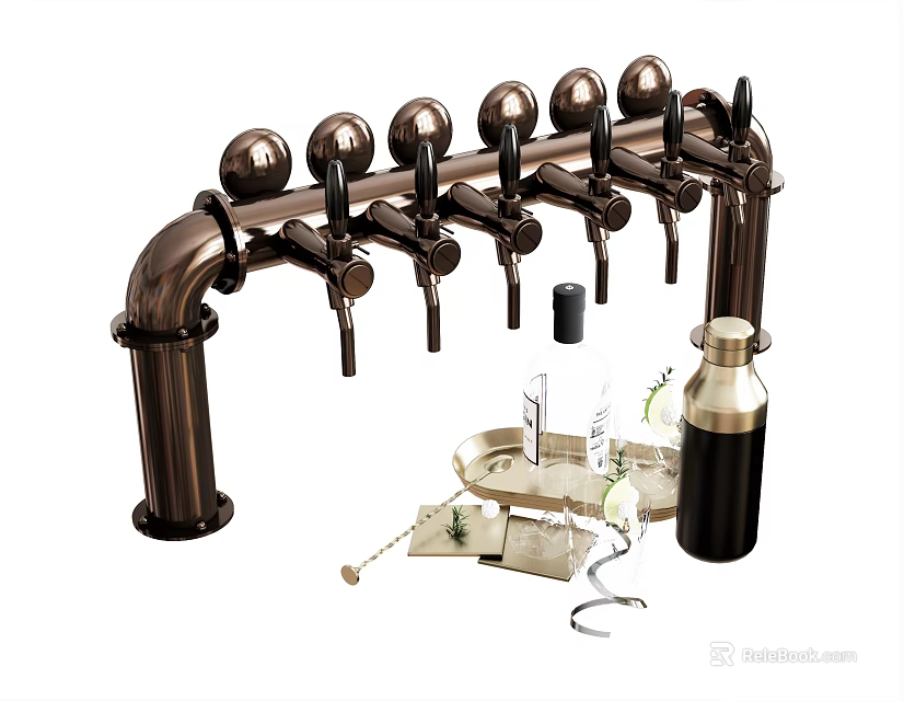 Barware Set Copper Finish Multiple Taps With Bar Tools And Glasses 3d model