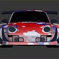 Colorful Modified Sports Car with Abstract Patterns Rear Spoiler and Silver Wheels