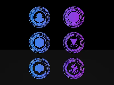 Modern Digital Sculpture Carving with Circular Icon Designs Blue and Purple Color Elements Symbolic Patterns 3d model