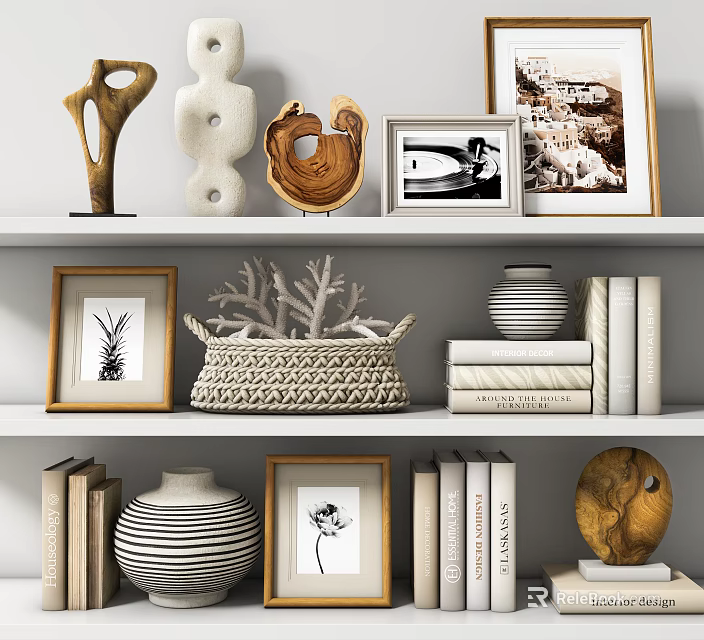 Decorative Ornament Combination For Shelves With Framed Pictures Books Striped Vases Woven Basket Coral Decor 3d model 