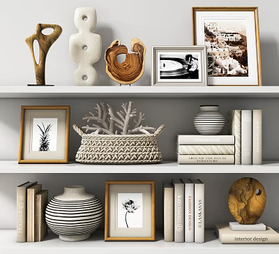 Decorative Ornament Combination For Shelves With Framed Pictures Books Striped Vases Woven Basket Coral Decor 3d model