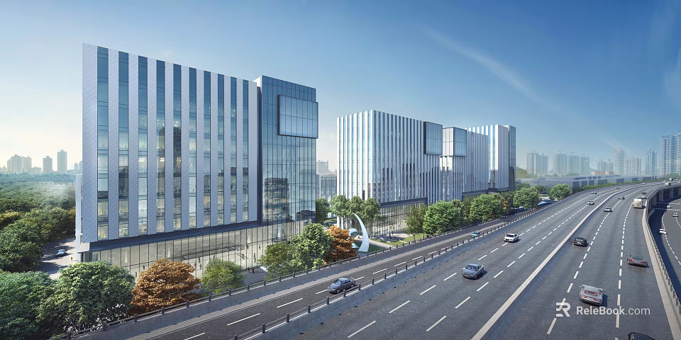 Modern Office Building With Glass Curtain Walls Greenery Urban Road And Cars 3d model 