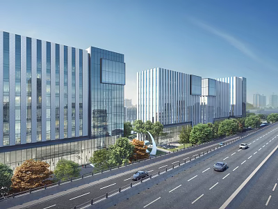 Modern Office Building With Glass Curtain Walls Greenery Urban Road And Cars 3d model