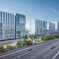 Modern Office Building With Glass Curtain Walls Greenery Urban Road And Cars
