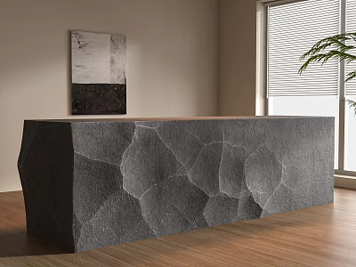 Modern Reception Desk With Textured Stone Surface In Bright Lobby Interior With Plant 3d model