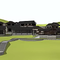 Ancient Traditional Architecture Complex With Green Hills Water Pond And Pathways