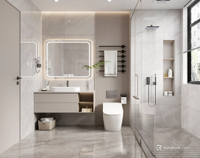 Modern Bathroom With Marble Vanity Toilet Glass Shower Mirror Storage And Recessed Lighting 3d model 