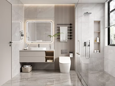 Modern Bathroom With Marble Vanity Toilet Glass Shower Mirror Storage And Recessed Lighting 3d model