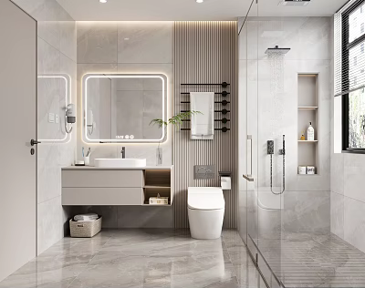 Modern Bathroom With Marble Vanity Toilet Glass Shower Mirror Storage And Recessed Lighting 3d model