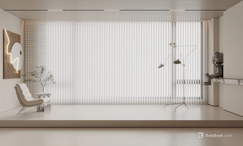Modern Minimalist Interior With White Vertical Blinds Light Sofa Floor Lamp And Green Plant 3d model 