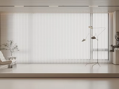 Modern Minimalist Interior With White Vertical Blinds Light Sofa Floor Lamp And Green Plant 3d model